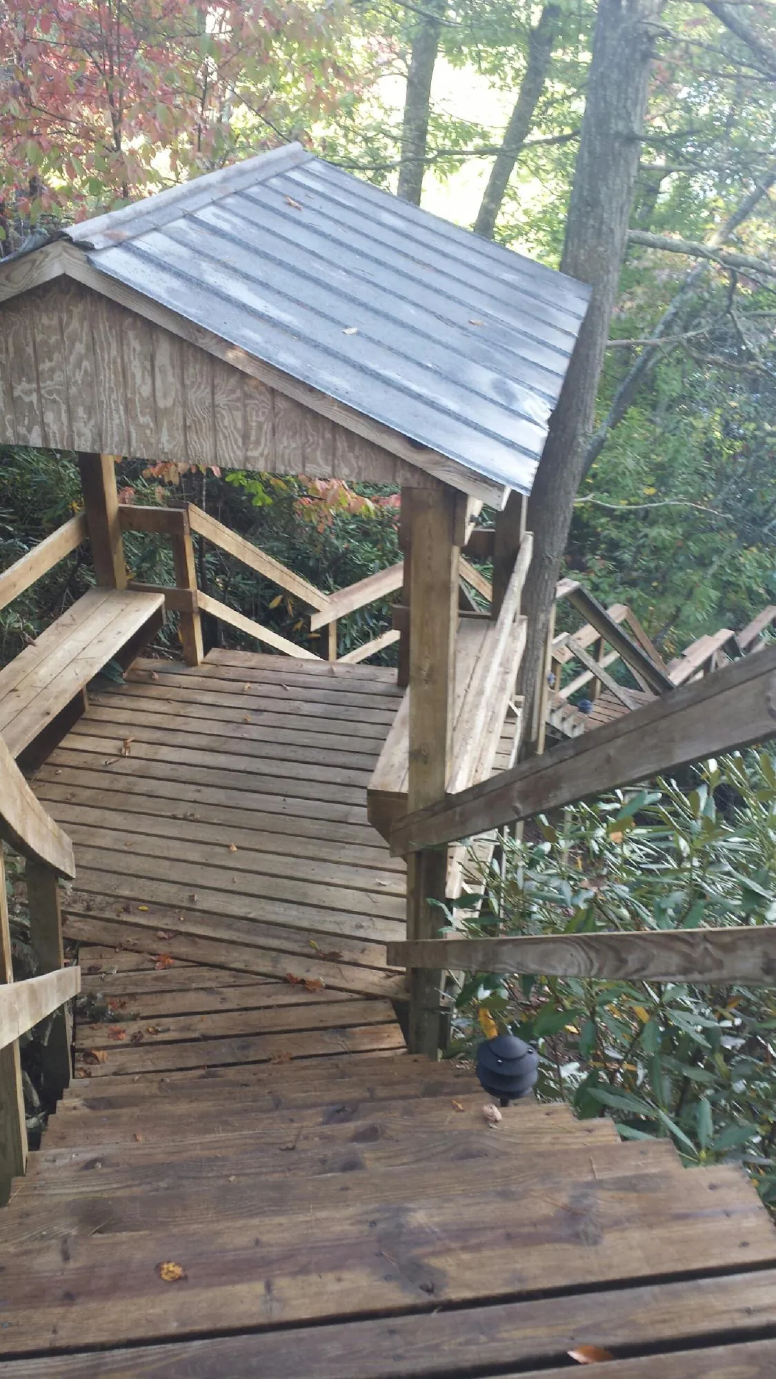 Metal roofed shelter over wooden steps on a wooded walkway — Skylight Repair & Installation work by our crew in Red Hill